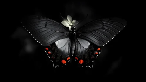 Black butterfly with red spots on dark background.