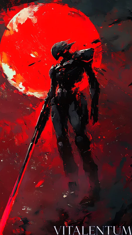 Cybernetic warrior stands before blood-red eclipse sphere.