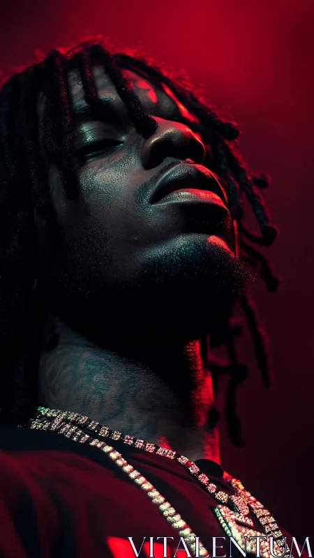 Side-lit close-up portrait under red and teal studio lighting