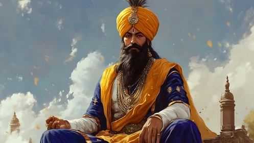 Seated turbaned figure in ornate attire before cloudy sky.