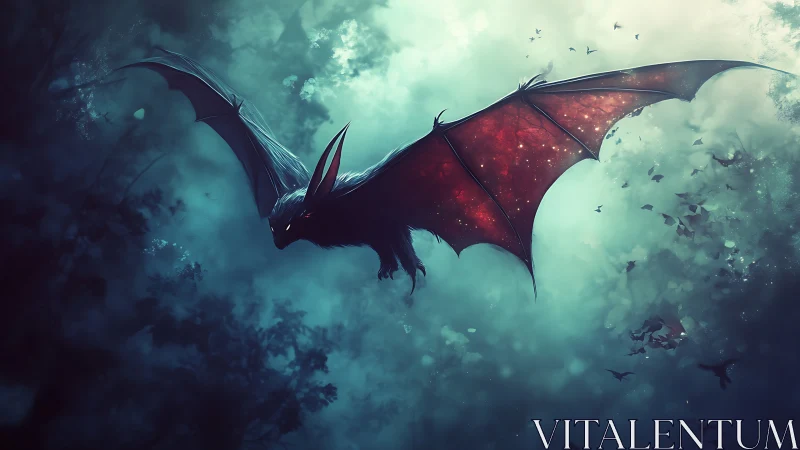 Large red-winged bat-like creature in misty night sky.