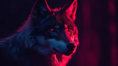Neon-lit wolf portrait in magenta and cyan duotone lighting.