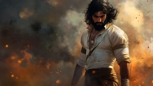 Warrior strides through swirling smoke with fierce resolve