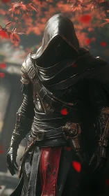 Hooded armored assassin under red autumn leaves in focus.