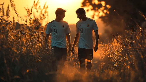 Two soccer players walk through tall grass at sunset light