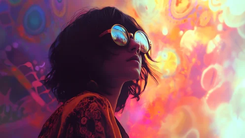 Dreamy girl in neon sunglasses gazes into swirling color haze