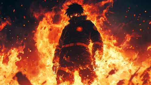 Figure Standing in Massive Flames Against Dark Sky.