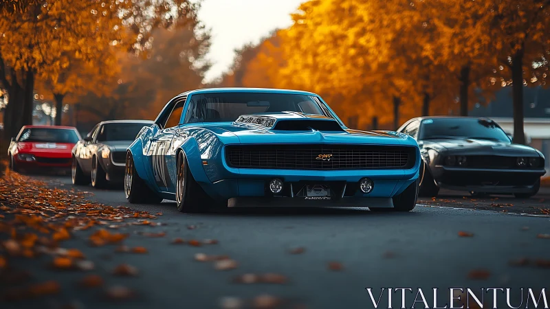 Blue classic muscle car leads group on autumn tree-lined road