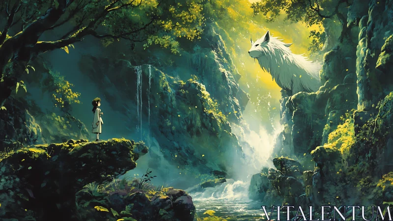Child and large white creature in luminous forest ravine.