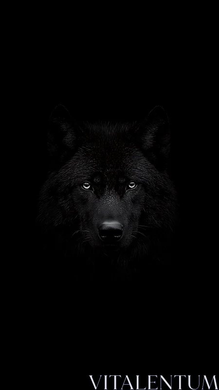 Black wolf portrait emerges from deep black background