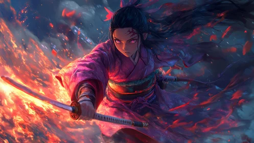 Blade-locked kunoichi advances through volumetric fire trails