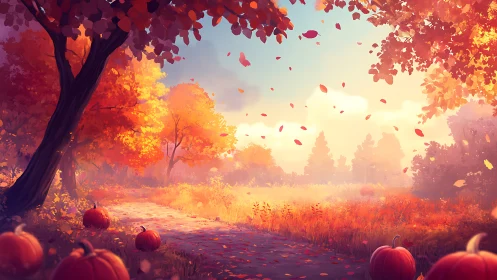 Digital autumn path with pumpkins in warm cinematic lighting.
