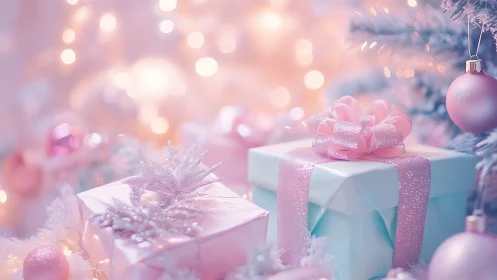 Pastel gift boxes under defocused warm bokeh Christmas lights