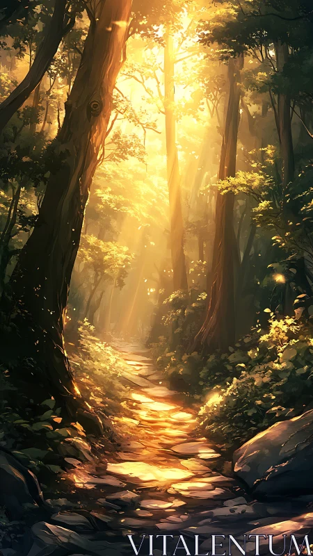 Golden sunlight filters through towering forest trees.