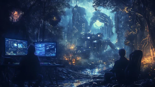 Hackers observe luminous cyberpunk city beyond forest