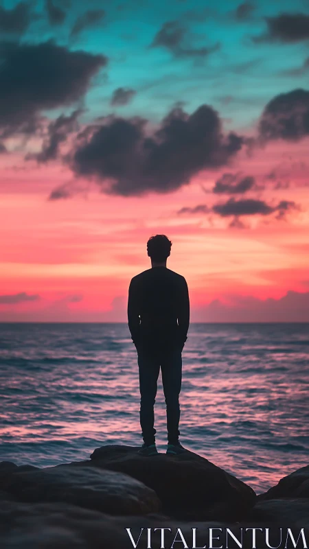 Backlit coastal silhouette before high-saturation sunset gradient