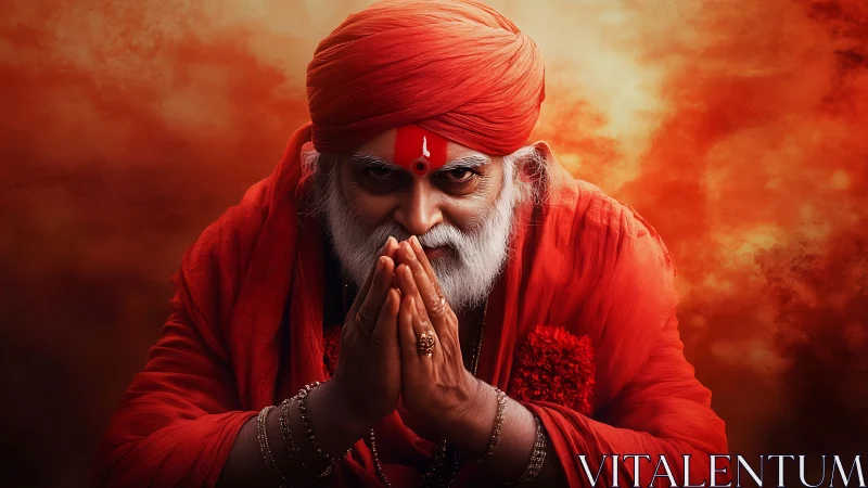 Elderly holy man bows in prayer against blazing red sky