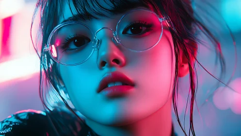 Neon-bathed cybergaze portrait with chromatic rim lighting.