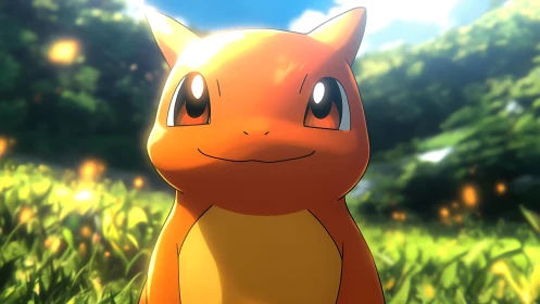 Orange cartoon creature in sunlit grassy forest clearing.