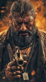 Bearded armed man in rugged attire amid fiery background.