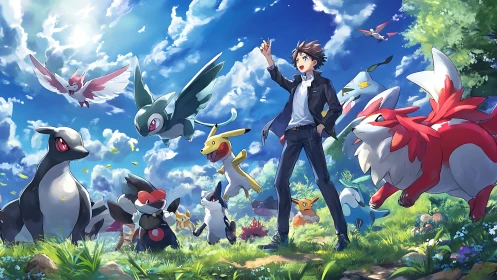 Dynamic anime trainer commanding colorful fantasy creatures.