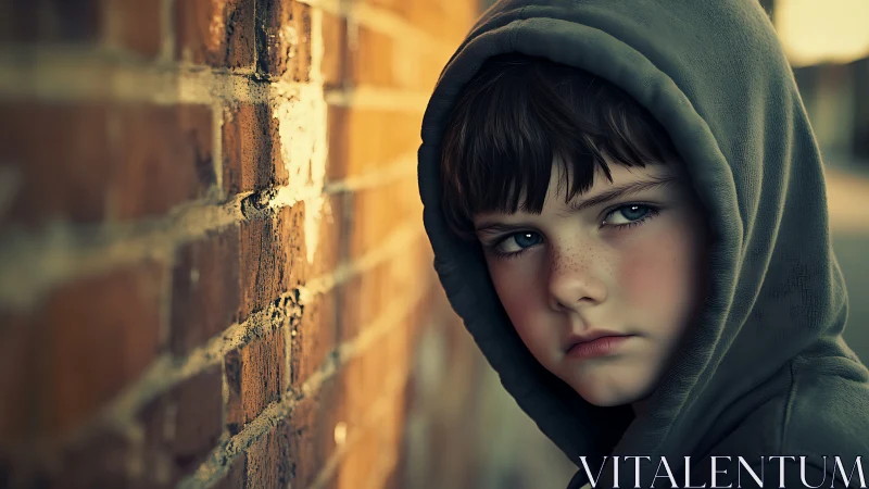 Hooded child leans against brick wall in golden dusk light.