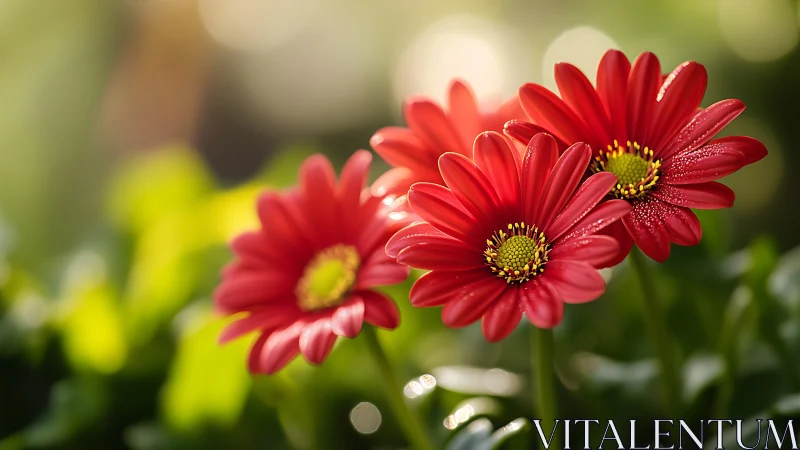Sunlit red gerbera daisies bloom softly in a garden glow