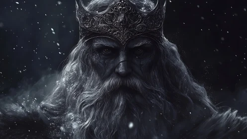 Frostbitten elder king portrait with ornate crown and snowfall