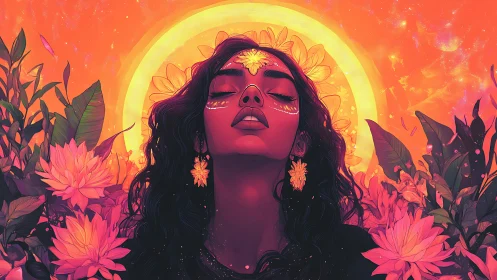 Solar crowned portrait in neon florals and radiant halo glow.