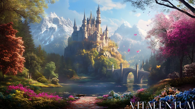 Mountain valley castle above lake with stone bridge at center.