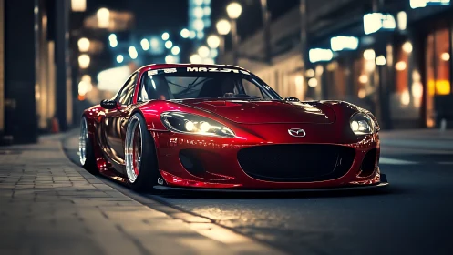 Sleek red sports car glowing under soft city night lights.