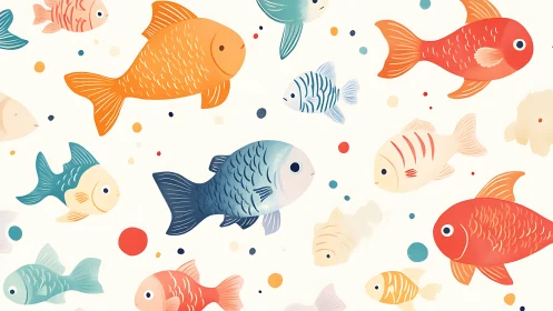 Colorful fish pattern on light background with simple forms.