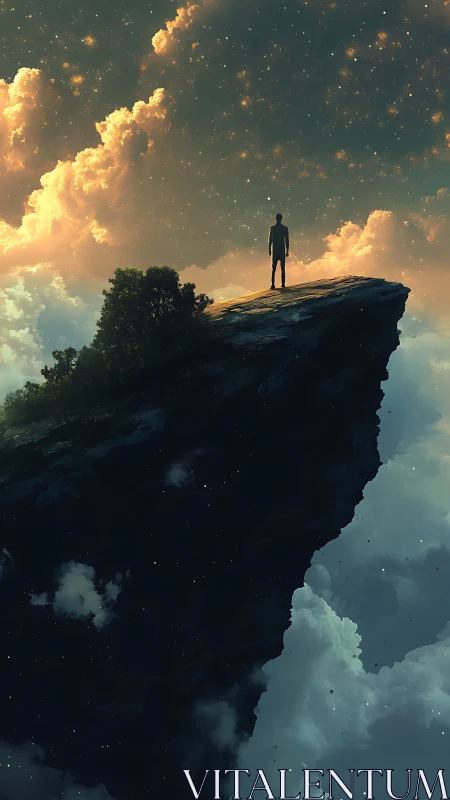 Solitary human silhouette surveys star-filled sky from aerial cliff