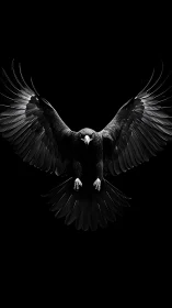 Black bird with extended wings on uniform dark background.