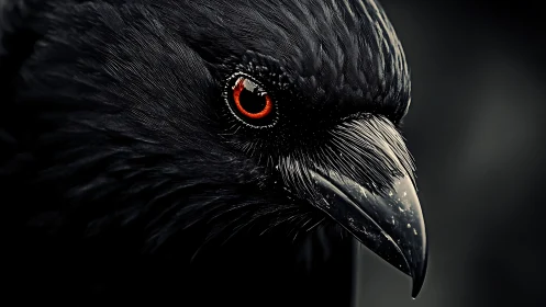 High-contrast raven macro portrait with scarlet reflective eye