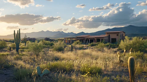 Sunlit desert homes resting gently beneath soft mountains.