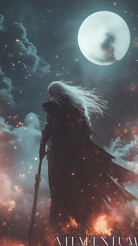 Moonlit dark knight stands over burning cloud horizon.