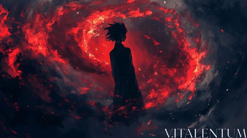 Silhouetted wanderer before a blazing crimson vortex.