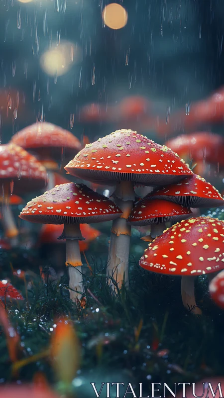 Macro rain-soaked fly agaric mushrooms under soft bokeh light