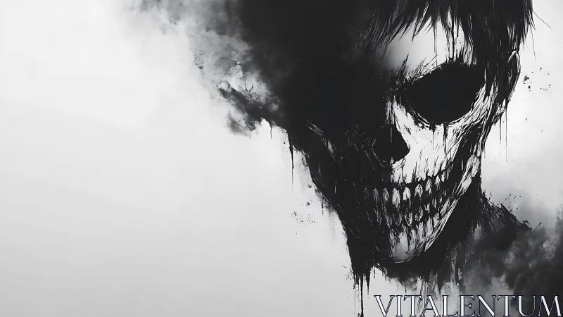 Ink-drenched skull portrait merges with drifting smoke