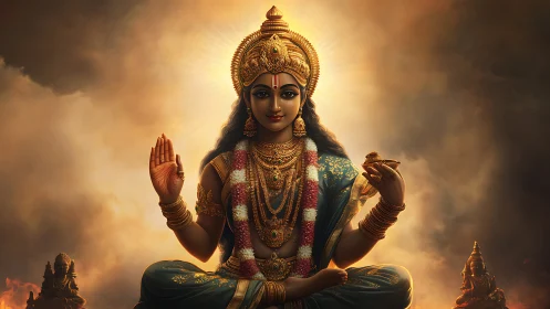 Golden Hindu goddess portrait in radiant divine light.