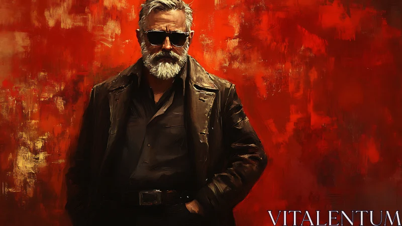 Brooding silver‑haired man stands against blazing red backdrop