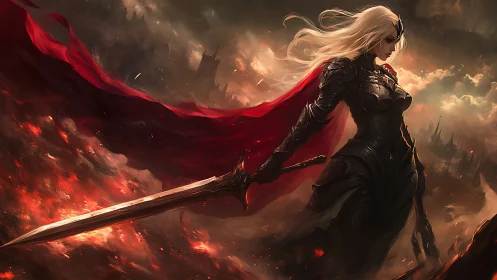 Armored female warrior stands with sword amid burning battlefield