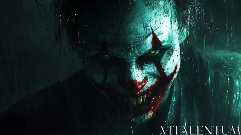 Sinister clown portrait in cinematic teal and crimson lighting.