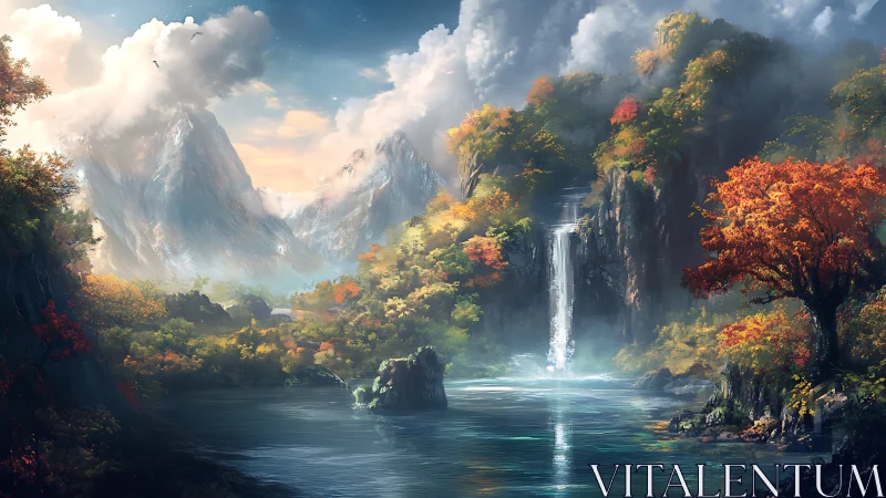 Colorful mountain lake with waterfall in bright daylight.