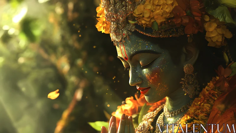 Digital painting of serene blue deity in floral radiance.