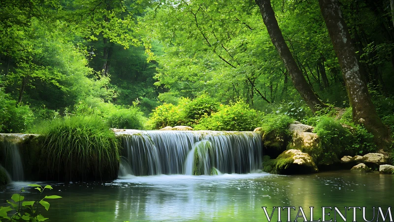 Serene forest waterfall with lush greenery in a tranquil landscape.