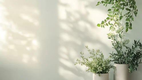 Sunlit potted greens whisper against a pale calm wall.
