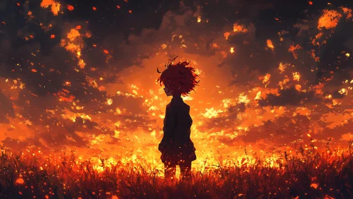 Silhouetted child stands in blazing orange twilight field