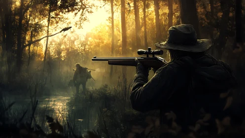 Hunter aims rifle at distant rider in misty forest swamp.